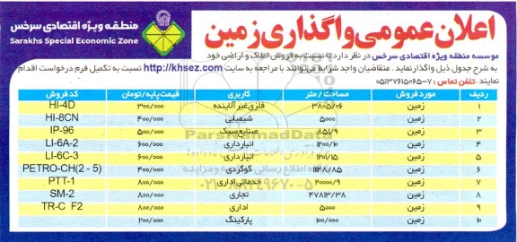 مزایده فروش املاک و اراضی با کاربری فلزی غیرآلاینده و شیمیایی و صنایع سبک 