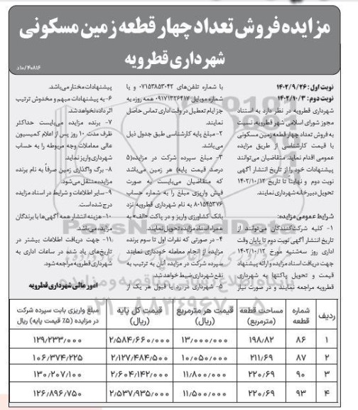 مزایده فروش تعداد چهار قطعه زمین مسکونی