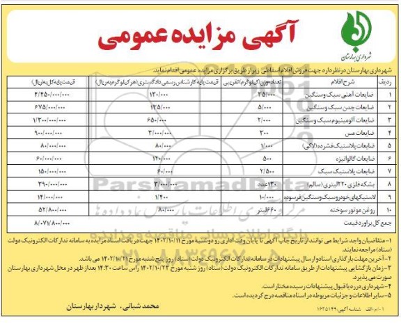 مزایده ضایعات آهنی سبک و سنگین ......