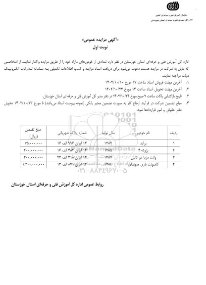 مزایده تعدادی از خودروهای مازاد