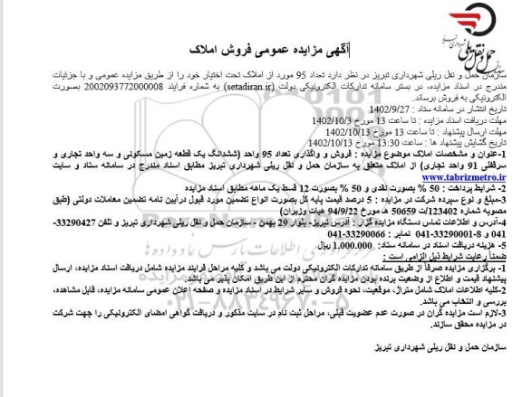 مزایده فروش و واگذاری تعداد 95 واحد