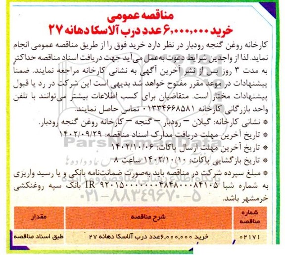 مناقصه خرید 6.000.000 عدد درب آلاسکا دهانه 27