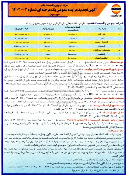 آگهی مزایده اقلام ضایعاتی شامل آهن آلات، چدن و... تجدید - نوبت دوم