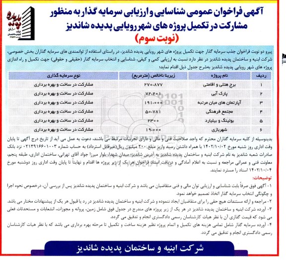 فراخوان عمومی شناسایی و ارزیابی سرمایه گذار به منظور مشارکت در تکمیل پروژه‌های شهر رویایی پدیده شاندیز- نوبت سوم