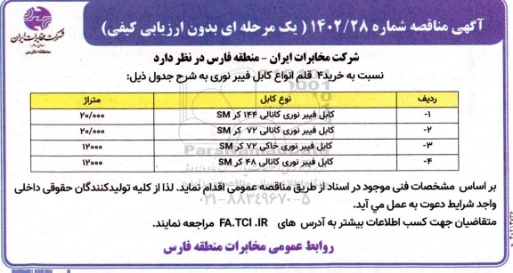 مناقصه خرید 4 قلم انواع کابل فیبر نوری