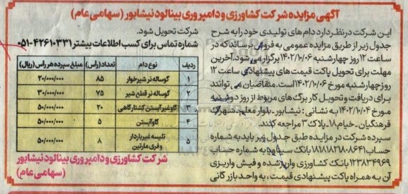 مزایده فروش دام های تولیدی شامل گوساله نر شیر خوار، گوساله نر قطع شیر و....