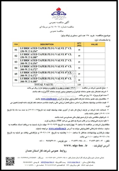 مناقصه خرید 128 عدد شیر سماوری (پلاک ولو) 