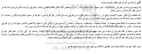 مزایده فروش یک قطعه باغ انگور جدید الاحداث