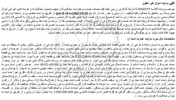 مزایده فروش واحد تجاری به شماره 1354 فرعی از 10 اصلی قطعه 61 تفکیکی بلوک 6 مفروز و مجزی شده از 1283 فرعی از اصلی 