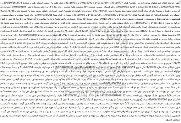 آگهی مزایده تمامت ششدانگ اعیان یکدستگاه آپارتمان (با عرصه وقف)