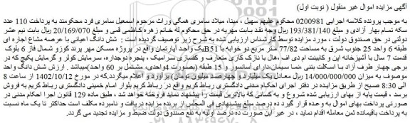 مزایده فروش شش دانگ اعیانی با عرصه مشاع اجاره ای یک واحد آپارتمان