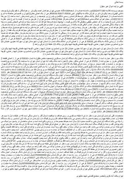 مزایده ششدانگ عرصه و اعیان یک دستگاه آپارتمان مسکونی