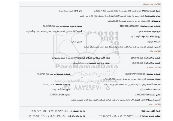 کارتن های دور ریز به مقدار تقریبی 7،000کیلوگرم