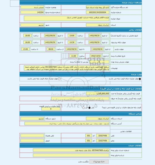 مزایده ، مزایده اقلام بازیافتی پایانه خسارت اتومبیل الماس شرق