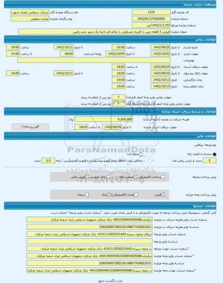مزایده ، فروش 3 قطعه زمین با کاربری مسکونی با تراکم کم ناحیه یک شهر جدید رامین  -مزایده زمین  - استان خوزستان