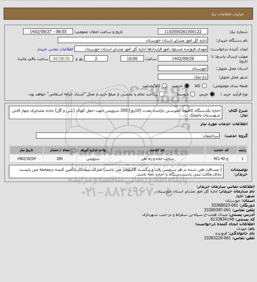 استعلام اجاره یکدستگاه کامیون کمپرسی باراننده بمدت (10روز)  200 سرویس جهت حمل کوپال (شن و گل) جاده عشایری چهار قاش شهرستان باغملک