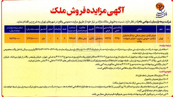 مزایده فروش ساختمان اداری 946.86 مترمربع 