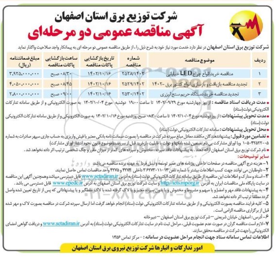 مناقصه خرید انواع چراغ LED خیابانی...