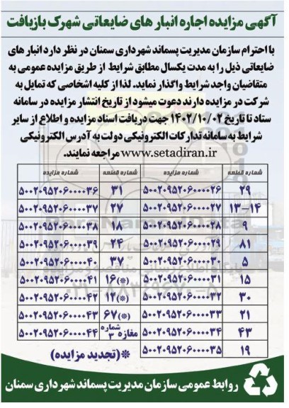 مزایده اجاره انبارهای ضایعاتی