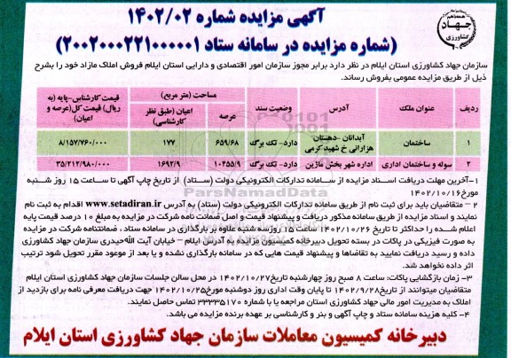 مزایده فروش املاک به صورت ساختمان و سوله و ساختمان اداری