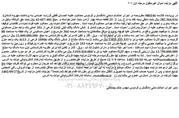 مزایده فروش 1- شش دانگ پلاک ثبتی 1142 فرعی از 351 اصلی یک واحد منزل مسکونی نوساز