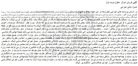 مزایده فروش 9616.دانگ از شش دانگ یک  ملک 