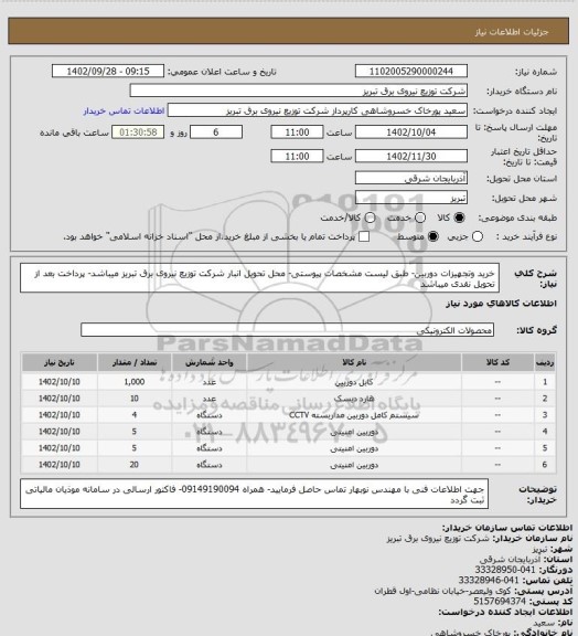استعلام خرید وتجهیزات دوربین- طبق لیست مشخصات پیوستی- محل تحویل انبار شرکت توزیع نیروی برق تبریز میباشد- پرداخت بعد از تحویل نقدی میباشد