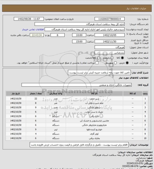 استعلام تامین کالا جهت بیمه سلامت جزیره کیش برابر لیست پیوست