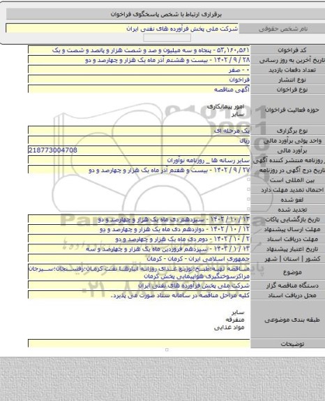 مناقصه, مناقصه تهیه؛طبخ؛توزیع غذای روزانه انبارها نفت کرمان؛رفسنجان؛سیرجان مراکزسوختگیری هواپیمایی پخش کرمان
