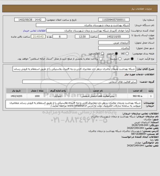 استعلام        شبکه بهداشت ودرمان چالدران درنظر دارد مقادیری کارتن و دبه 4لیتری پلاستیکی را از طریق استعلام به فروش رساند
