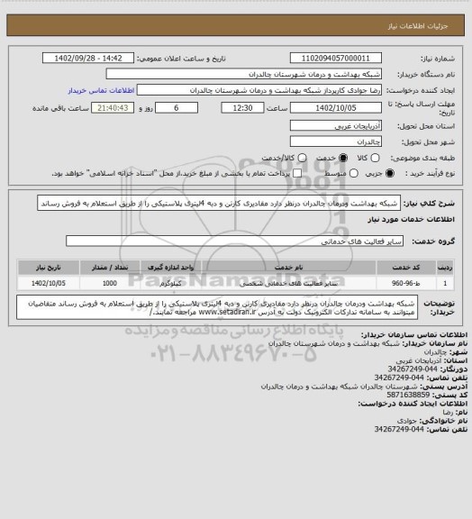 استعلام        شبکه بهداشت ودرمان چالدران درنظر دارد مقادیری کارتن و دبه 4لیتری پلاستیکی را از طریق استعلام به فروش رساند