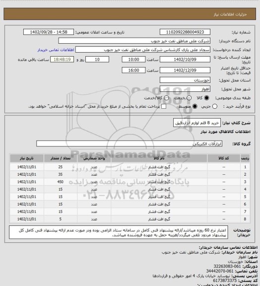 استعلام خرید 8 قلم لوازم ابزاردقیق