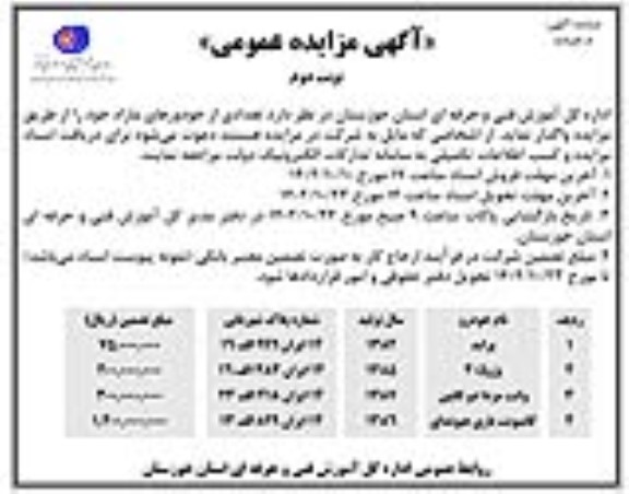 مزایده ، مزایده تعدادی از خودروهای مازاد - نوبت دوم
