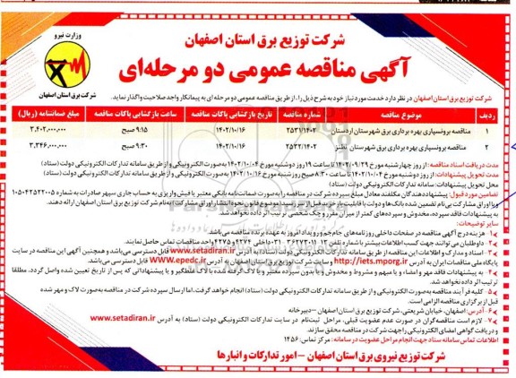 مناقصه مناقصه برونسپاری بهره برداری برق شهرستان ...