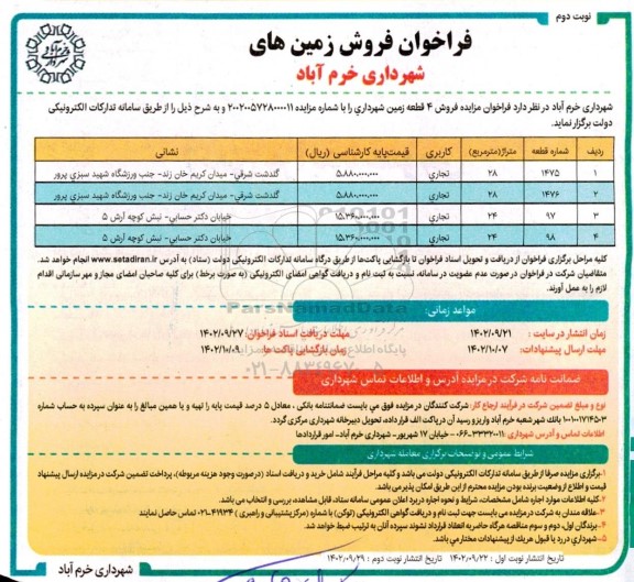 فراخوان فروش 4 قطعه زمین با کاربری تجاری به متراژ 28 مترمربع- نوبت دوم