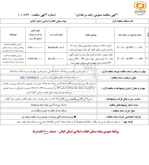 مناقصه اجرای اسکلت، سربندی، دیوار چینی و وال پست 18 واحدی....