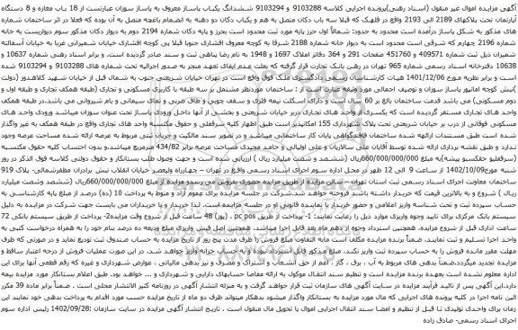 آگهی مزایده ششدانگ یکباب پاساژ معروف به پاساژ سوزان عبارتست از 18 باب مغازه و 8 دستگاه آپارتمان تحت پلاکهای 2189 الی 2193 