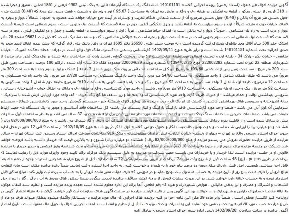 آگهی مزایده ششدانگ یک دستگاه آپارتمان طلق به پلاک ثبتی 4902 فرعی از 1861 اصلی ، مفروز و مجزا شده از 318 فرعی از اصلی