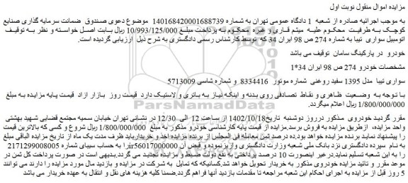 مزایده فروش خودرو سواری تیبا مدل 1395 سفید روغنی