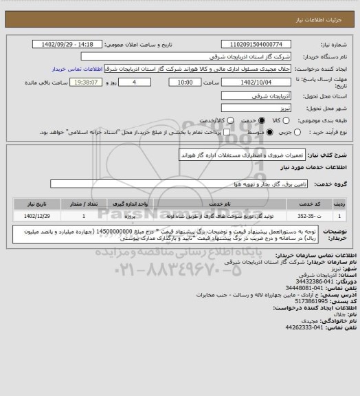 استعلام تعمیرات ضروری و اضطراری مستغلات اداره گاز هوراند