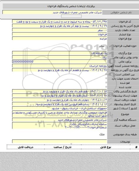 مزایده, فراخوان عمومی واگذاری تعدادی واحد تجاری و زمین با کاربری مسکونی و مختلط در شهر جدید بینالود