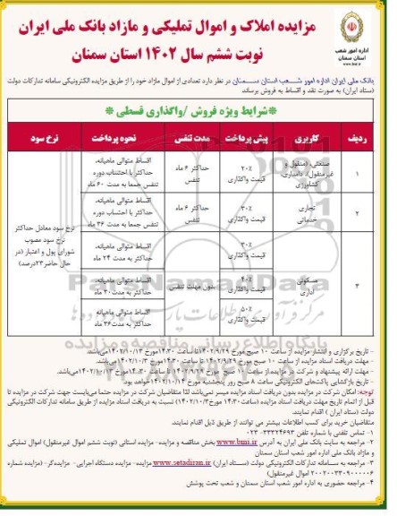  مزایده فروش - واگذاری قسطی با کاربری صنعتی - تجاری خدماتی - مسکونی اداری 