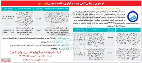 مناقصه تعمیر و نگهداری و بهره برداری از کلیه تاسیسات تولید، انتقال، ذخیره، توزیع، انشعابات آب شرب، گندزدایی آب و ... - نوبت دوم