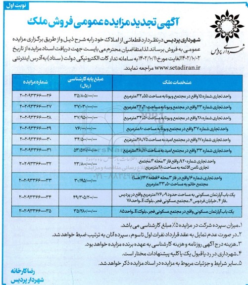 مزایده فروش قطعات از املاک به مساحت 32.55 و 32.20 و 34.50 مترمربع و غیره ...