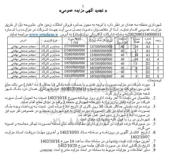 تجدید مزایده فروش املاک ، زمین
