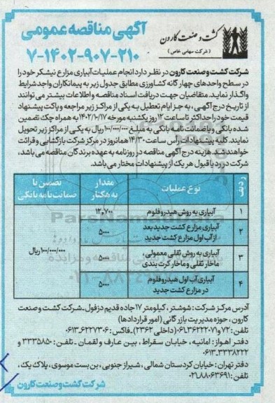 مناقصه انجام عملیات آبیاری مزارع نیشکر