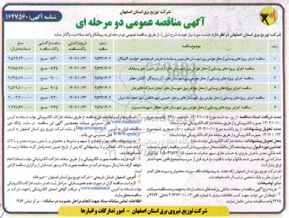 مناقصه اجرای پروژه های روستایی از محل عوارض برق ...