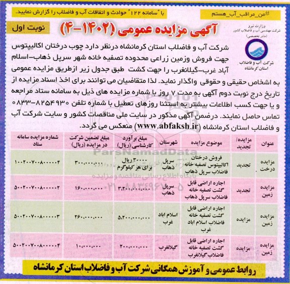 مزایده فروش درختان اکالیپتوس تصفیه خانه فاضلاب و ...