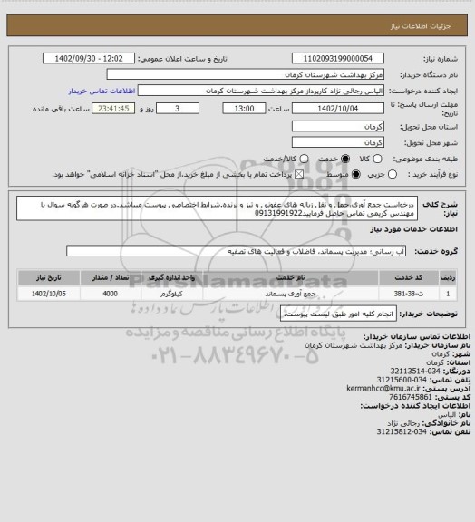 استعلام درخواست جمع آوری،حمل و نقل زباله های عفونی و تیز و برنده.شرایط اختصاصی پیوست میباشد.در صورت هرگونه سوال با مهندس کریمی تماس حاصل فرمایید09131991922