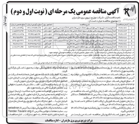 مناقصه اصلاح و بهینه سازی روستایی عوارض برق 